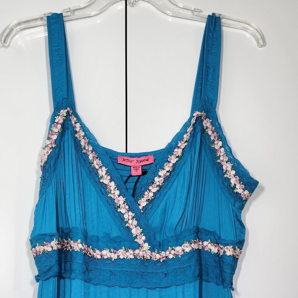 Betsey Johnson Pleated Silky Satin Floral Trim Dress Women's Size 14 Blue - Picture 2 of 9